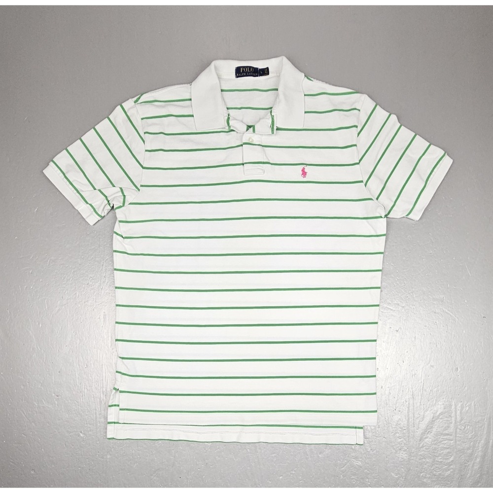 Vintage Polo Ralph Lauren Polo Shirt Mens Large White Green Striped Pink Pony